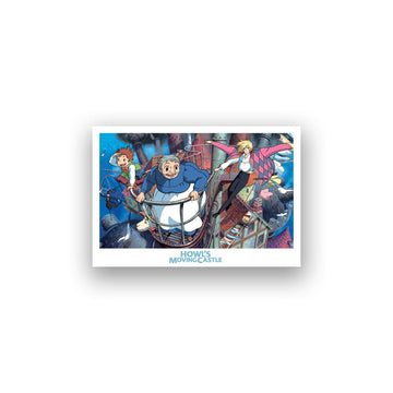 Postcard featuring an illustration of characters from Howl's Moving Castle by Studio Ghibli and Hayao Miyazaki.